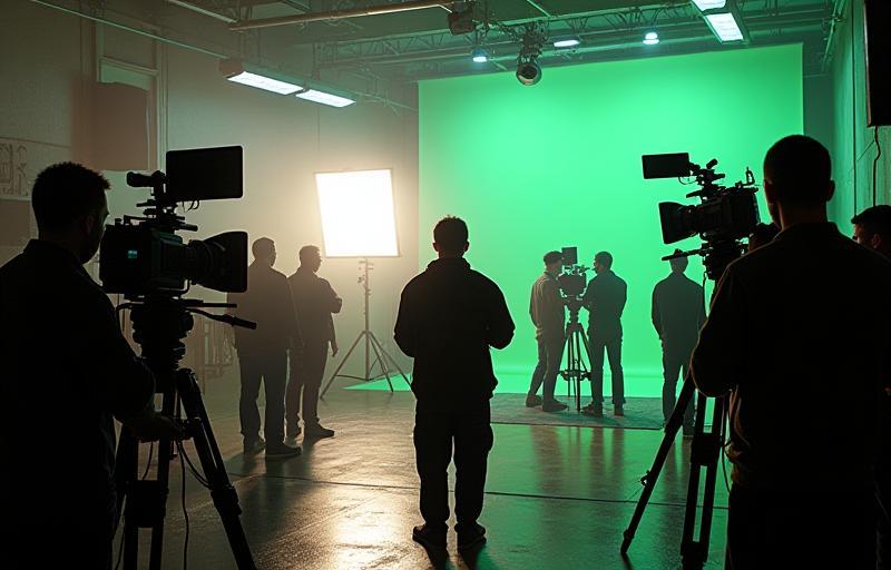 Overview image showing a bustling film set setup with crew and equipment