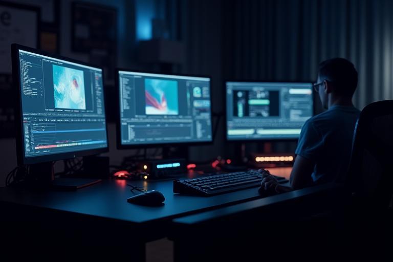 Professional video editing suite with multiple monitors and audio equipment