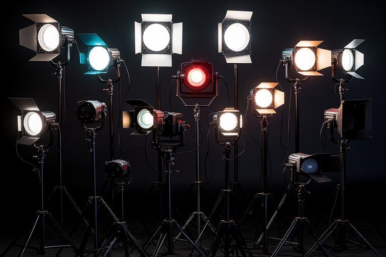 Rack of various professional lighting fixtures including LEDs, HMIs, and Tungsten lights