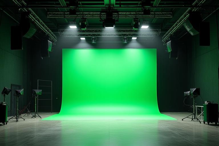 Interior of a spacious film studio with lighting setup and green screen